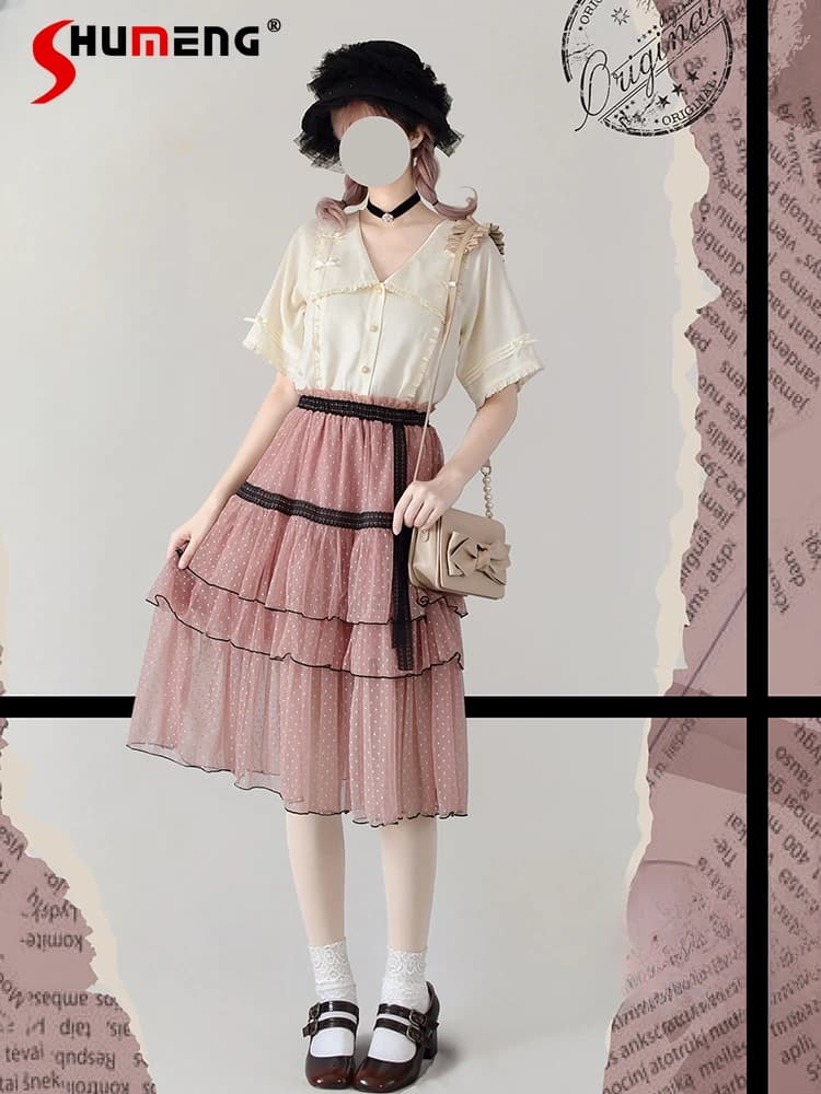 Japanese Style Retro Sweet Lolita Girl Blouse Bow Ruffles Single-Breasted Short Sleeve V-neck White Shirt Top Women Summer 2024