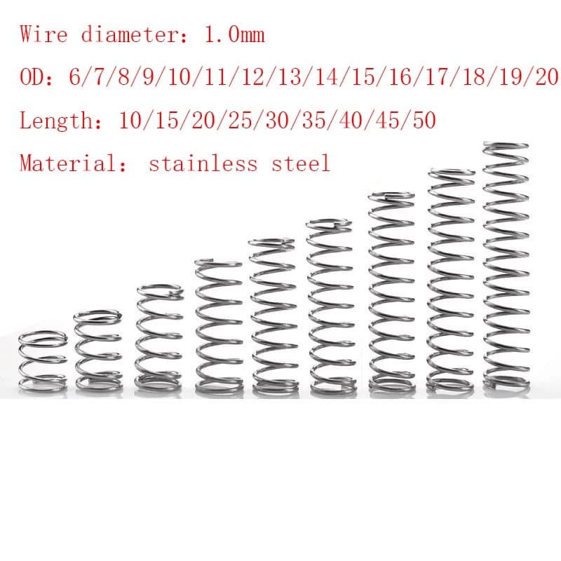 10pcs/Lot 1.0mm Stainless Steel Micro Small Compression Spring OD 6/7/8/9/10/11/12/13/14/15/16/17/18/19/20mm Length 5mm to 50mm