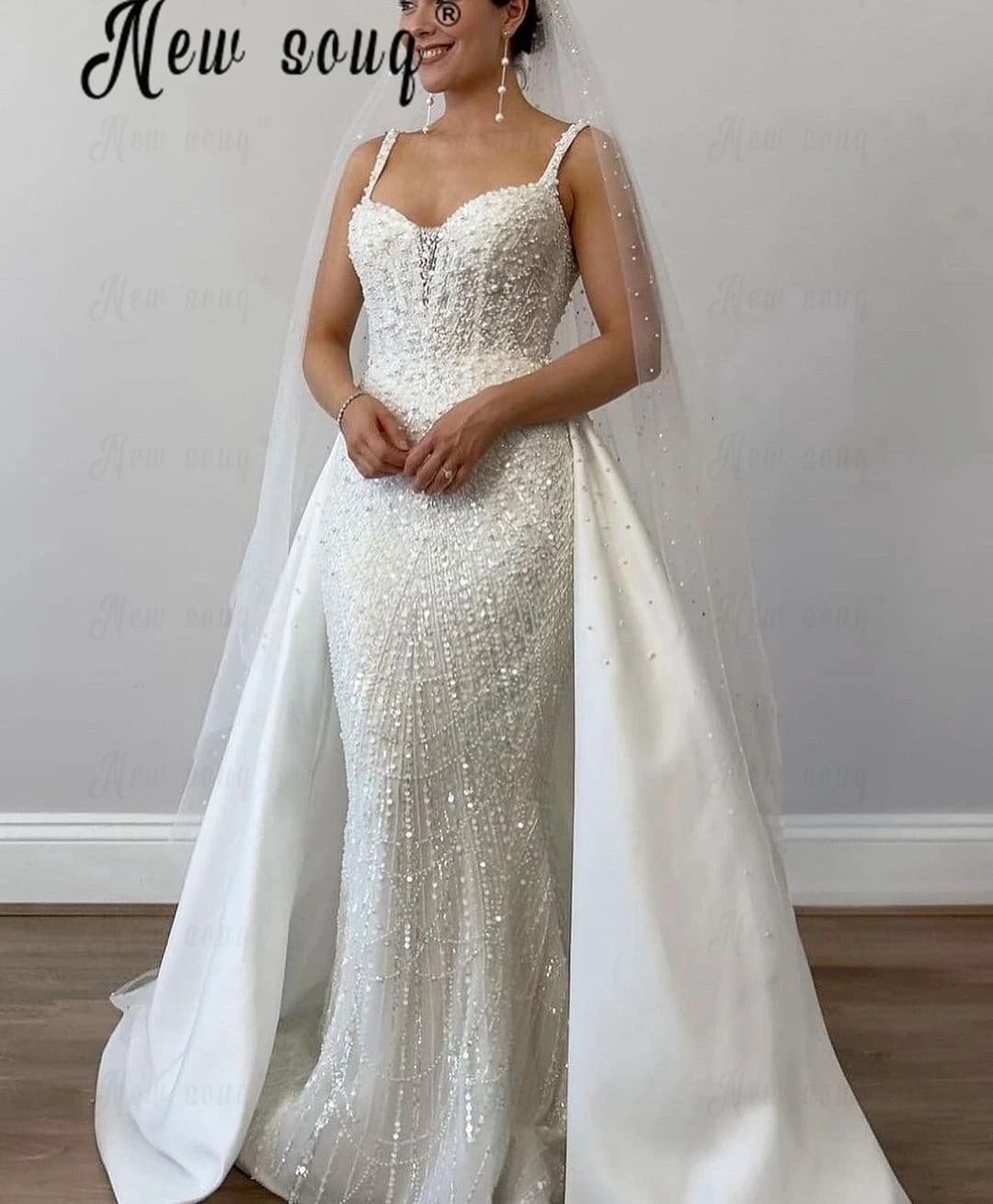 Square Collar 2 In 1 Mermaid Wedding Dresses Stain Detachable Train Luxury Beading Pearls Embroidery Lace Bridal Gowns 2025