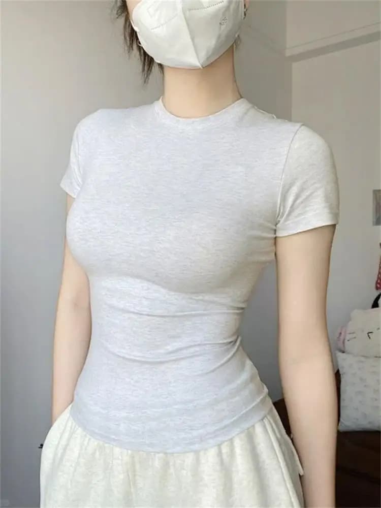 Skinny T Shirt Short-sleeved T-shirt Women Slim Tee Shirt Cute Casual Harajuku Pullovers Fashion Summer Solid Tops Korean