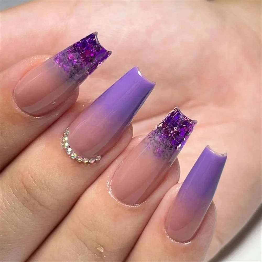 Fashion Gradient Purple Manicure Rhinestone Ballerina Fake Nails Set Press on Nails French Glitter False Nail Tips With Designs