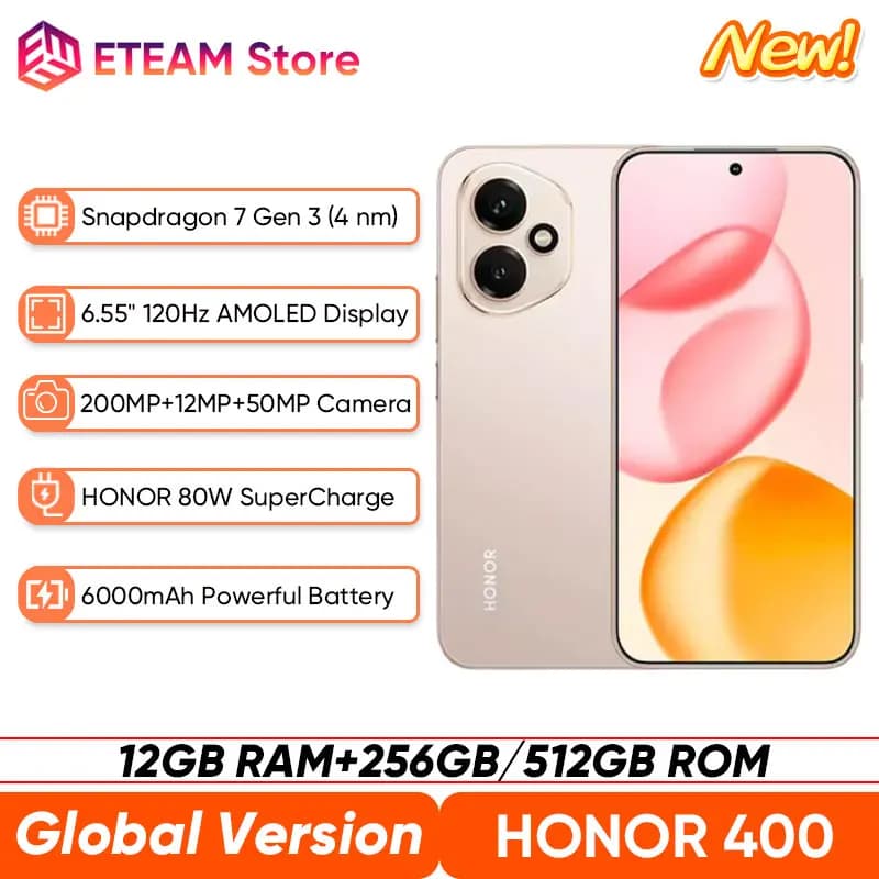 2025 New Global Version HONOR 400 5G Smartphone Snapdragon 7 Gen 3 6.55'' 120Hz AMOLED Display 6000mAh 80W Supercharge eSIM IP66