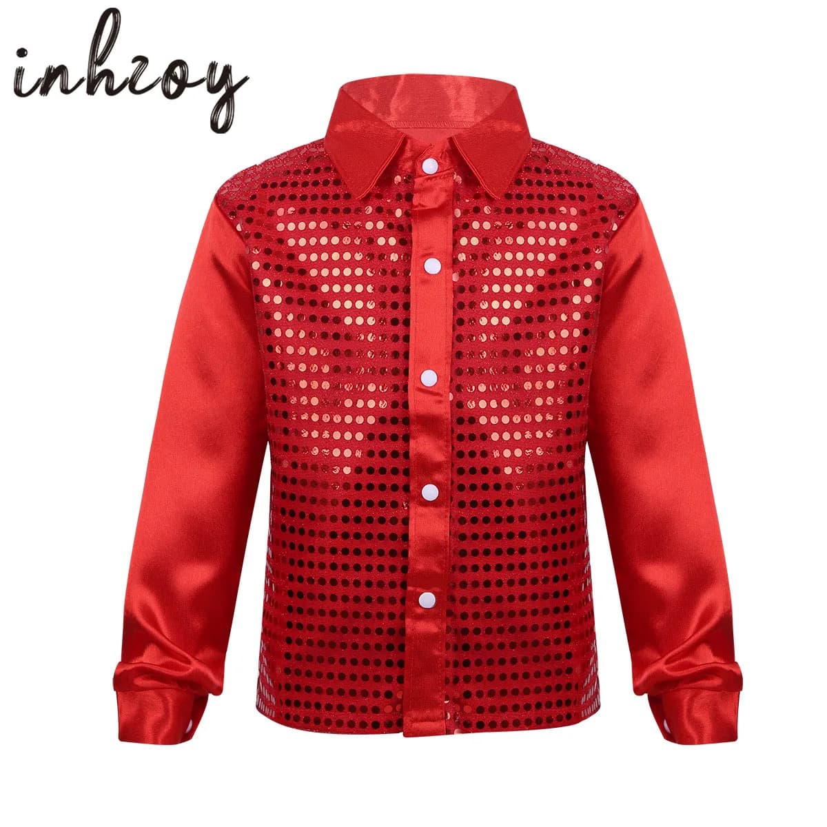 Kids Boys Shiny Sequins Shirts Dance Costumes Long Sleeve Lapel Hip-hop Jazz Dance Shirt Stage Performance Street Dance Wear