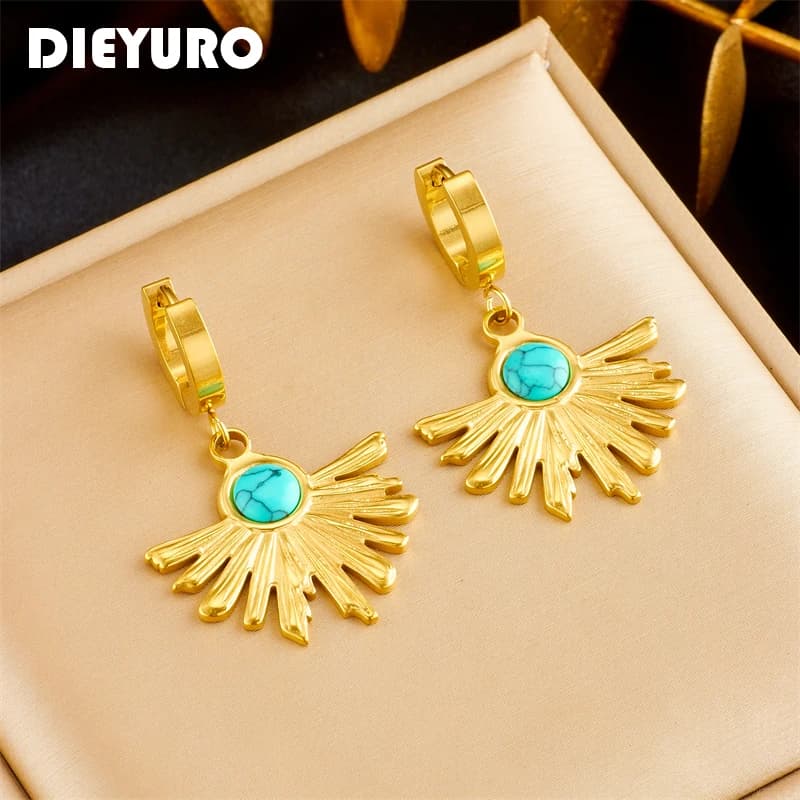 DIEYURO 316L Stainless Steel Bohemian Palm Leaf Blue Stone Earrings For Women Fashion New Ear Buckle Jewelry Girl Gift Серьги