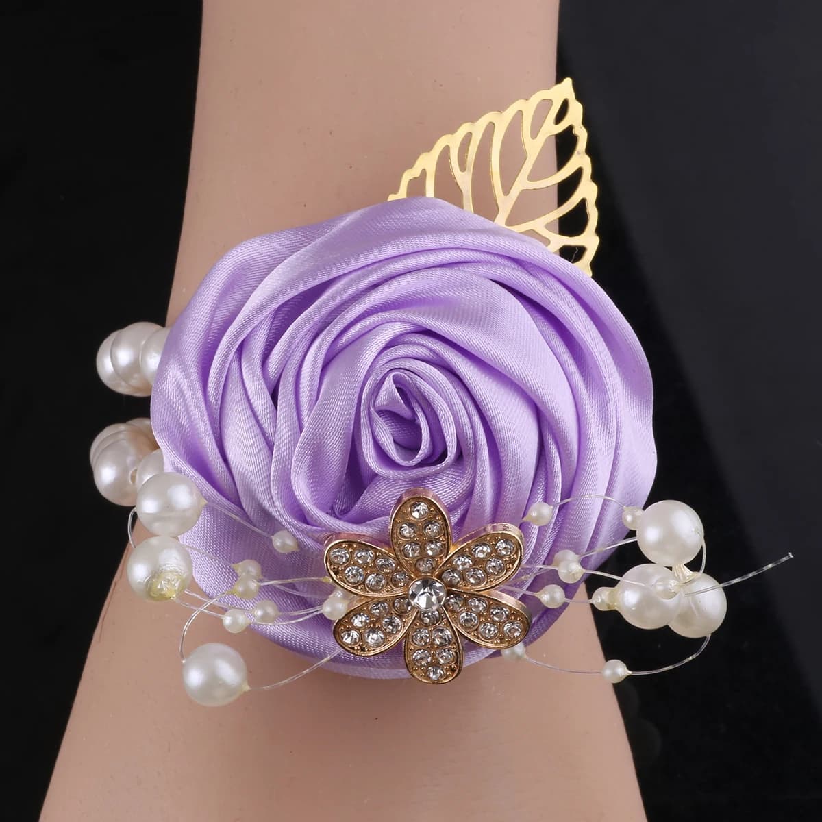 Wedding Bride Bridesmaids Rose Wrist Flower Brooch Simulate flower Gold Leaf Pearl Business party girl hand flower supplies 1107