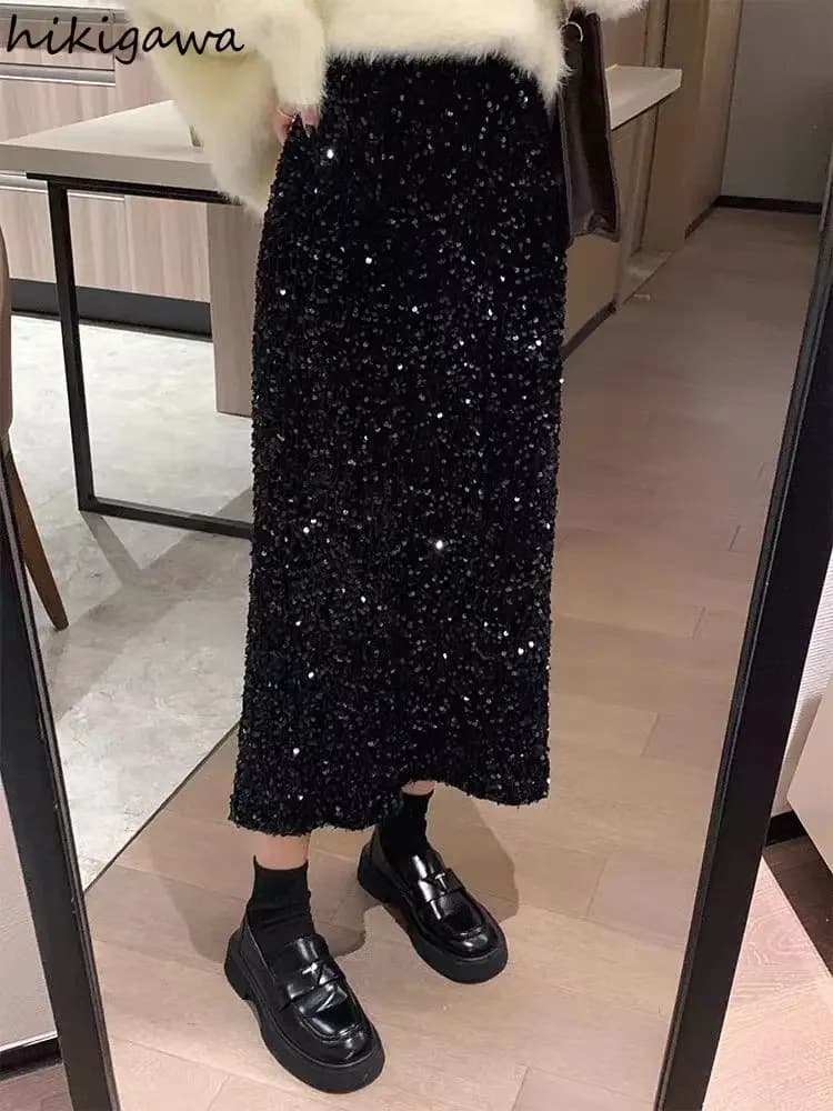 Temperament Jupe Fashion Velvet Black Skirts for Women 2025 Faldas Mujer De Moda High Waist Chic Saia Sequin Bodycon Split Skirt