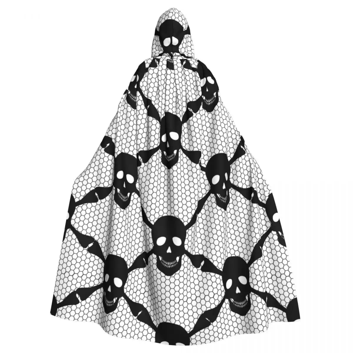 Lace Seamless Pattern Of Black Skulls Adult Cloak Cape Hooded Medieval Costume Witch Wicca Vampire Elf Purim Carnival Party