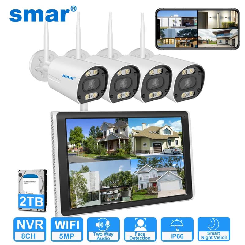 Smar 5MP/3MP Wifi Camera Kit Ai Face Detect Full Color Vision IP Camera Set 8CH NVR 10.1 LCD Wireless CCTV Surveillance System