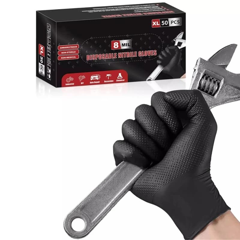 8Mil Heavy Duty Black Nitrile Gloves Disposable Gloves with Raised Diamond Textured Industrial Auto Mechanics Gloves Latex Free