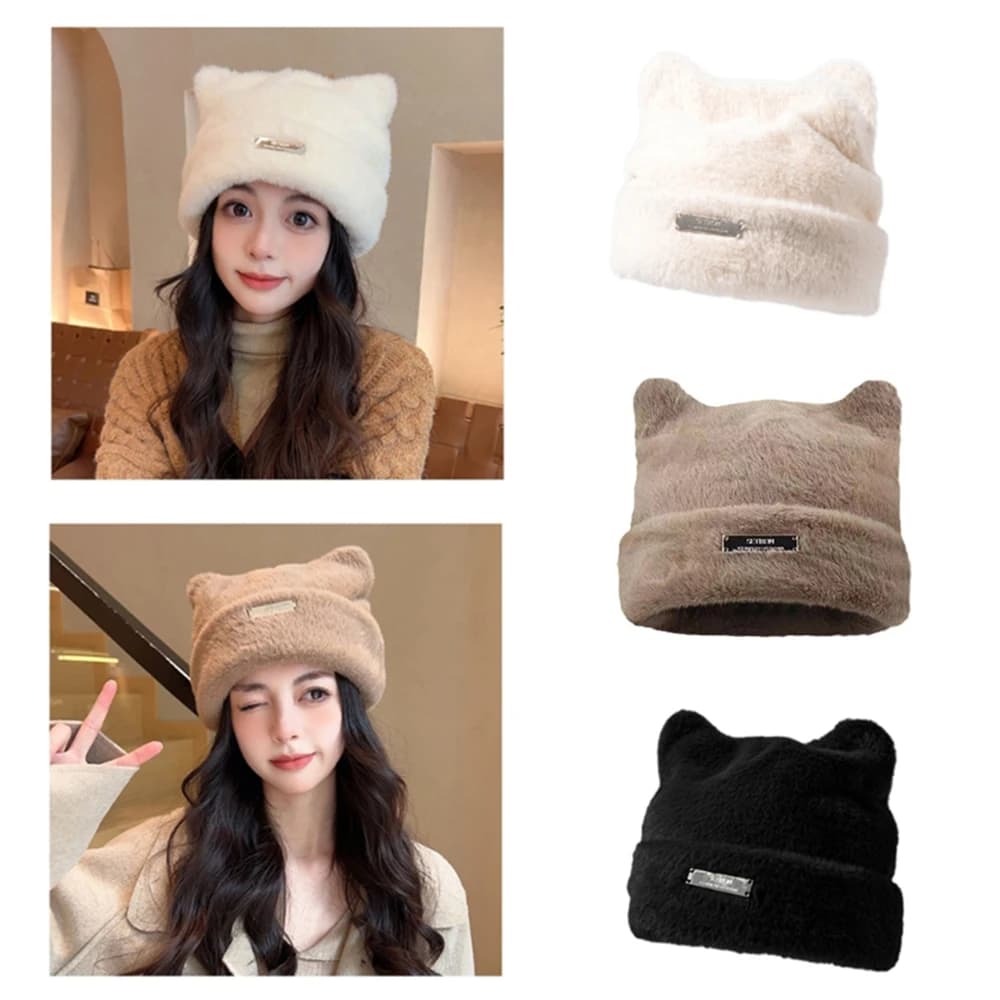 Cute Cat Ears Beanie Hat Warm Streetwear Harajuku Plush Cap Winter Faux Fur Elastic Knitted Hat Women Outdoor Warm Fisherman Hat