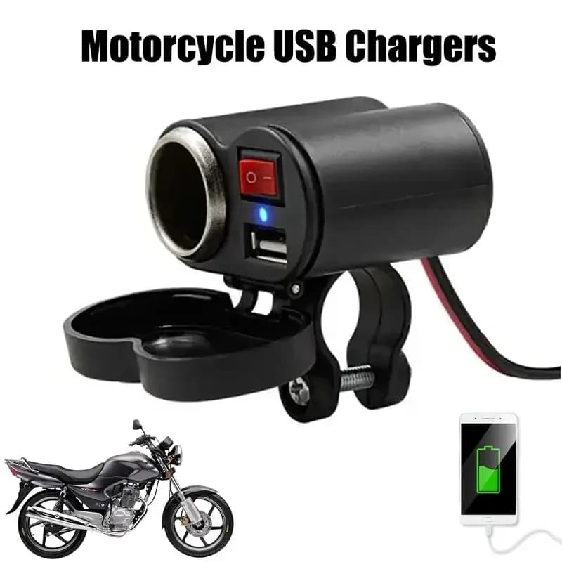 12V Motorcycle Dual USB Charger with Switch, Waterproof Cigarette Lighter Socket, Motorcycle Handlebar Clamp