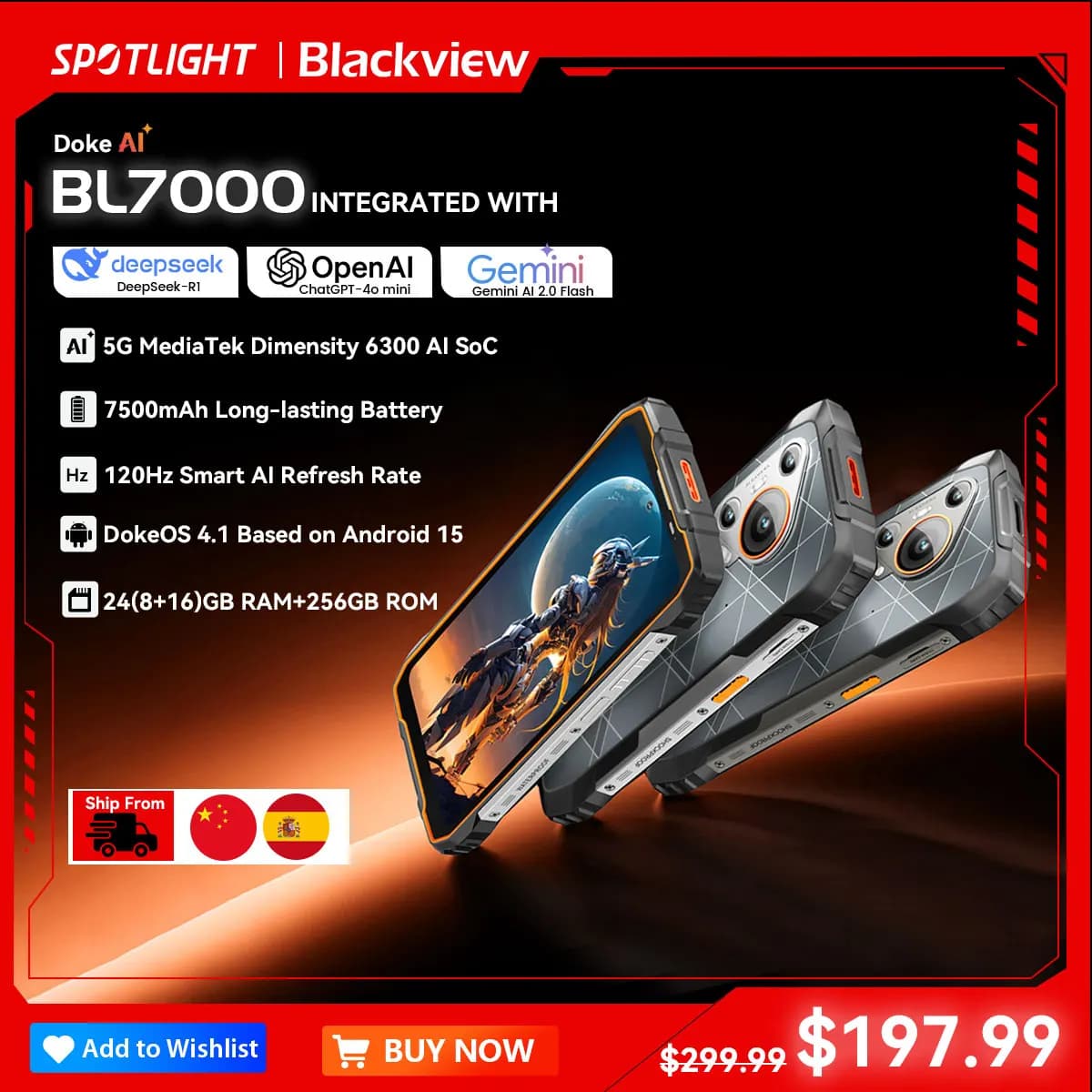 BLACKVIEW BL7000 5G AI Rugged Phone Deepseek GPT Android 15 Smartphone, 6.78" HD+2.4K Display 120Hz, 24(8+16)GB 256GB, 7500Amh