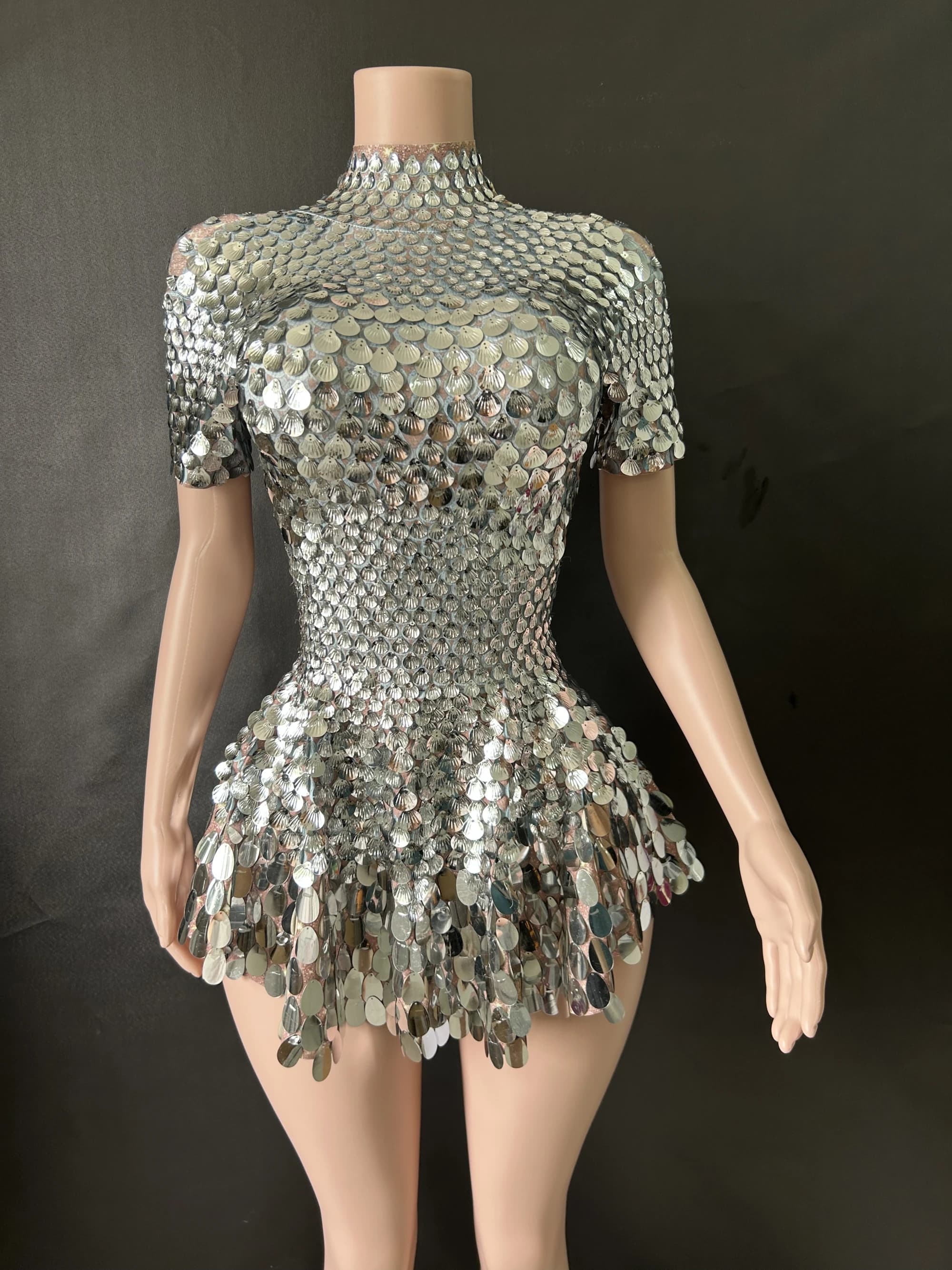 Sexy Nightclub Leotard Shining Lovely SequinsMini Dress Costume Celebrate RhinestoneBodysuit Birthday Silver Dresses A426