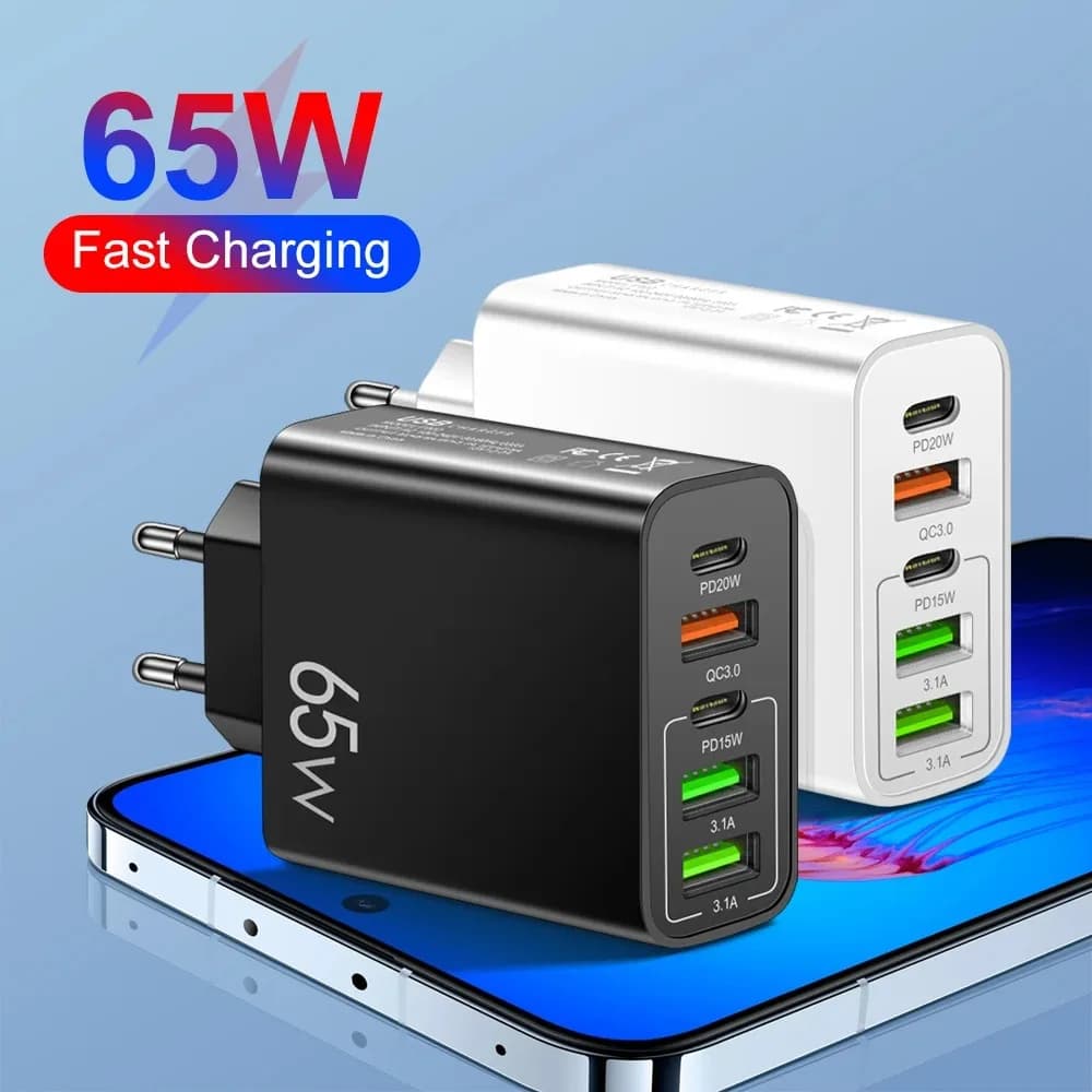Total 65W 5 Ports USB Charger Fast Charging Type C Phone Charger Adapter For iPhone 15 Samsung Xiaomi PD 3.0 Quick Wall Charger