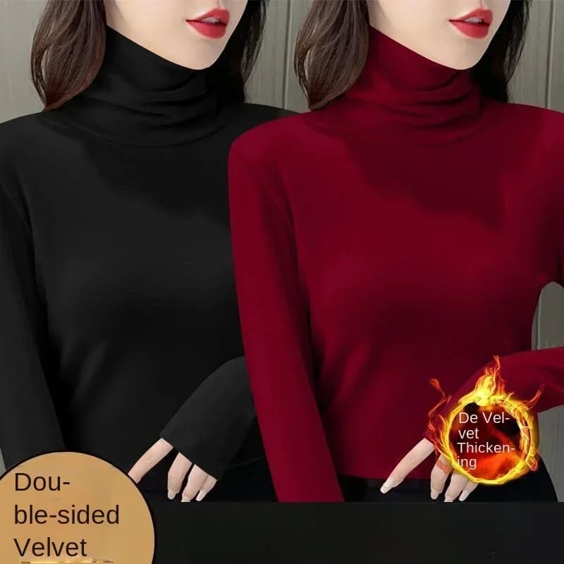 Women Thermal Underwear Winter Thicken Turtleneck Bottom Shirt De Velvet Warm Tops Semi High Collar Neck Long Sleeve Pullovers