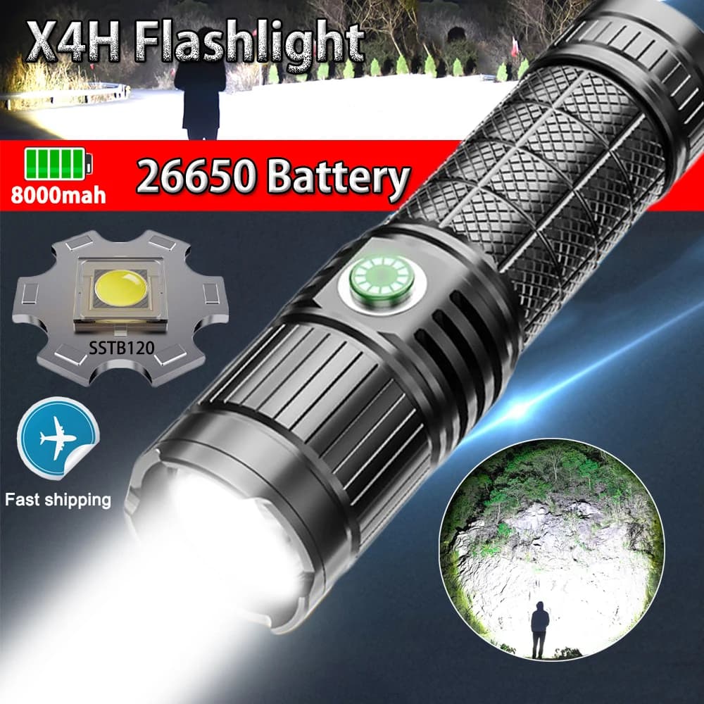 Rechargeable Flashlights LED Usb 120000 High Lumens 26650 Battery Powerful Lantern for Camping Outdoor YoohoFire X4H Torch Light
