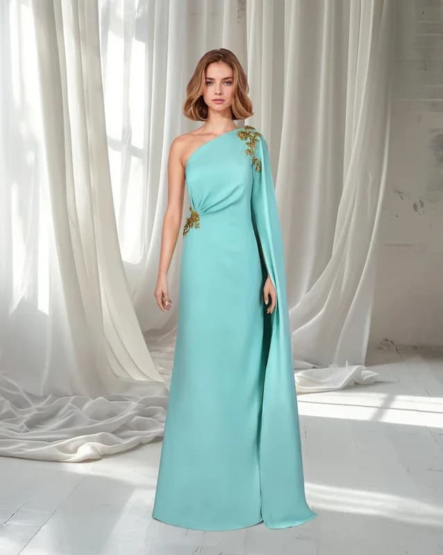 New Design One-Shoulder Prom Dresses with Appliques Saudi Arabic Women Green Satin Evening Gowns Formal Party Dresscustomized