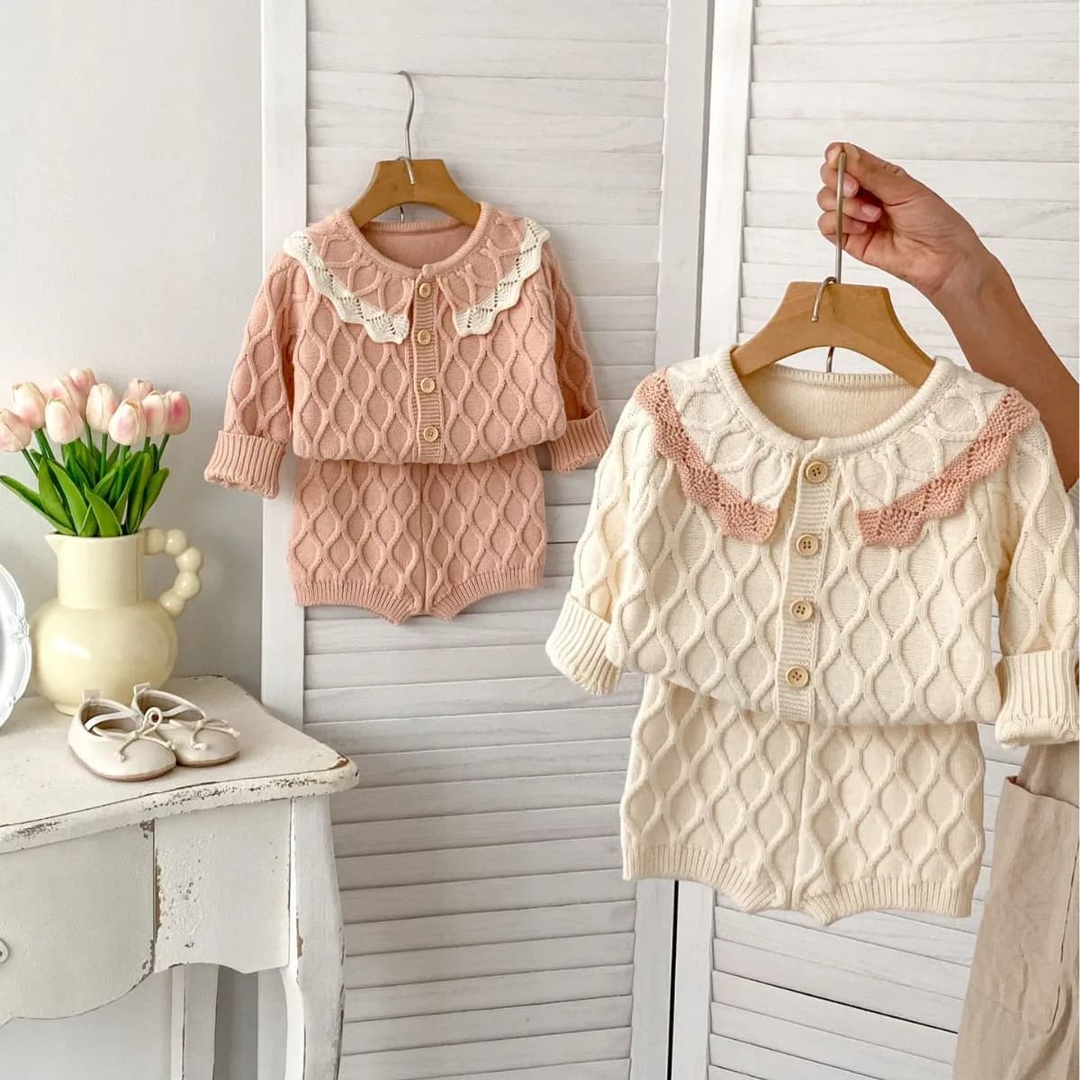 Baby Knit set Spring Fall 2024 New Fashion Girls set Knit sweater Cardigan + Shorts Sweet 0-3Y girls two-piece set