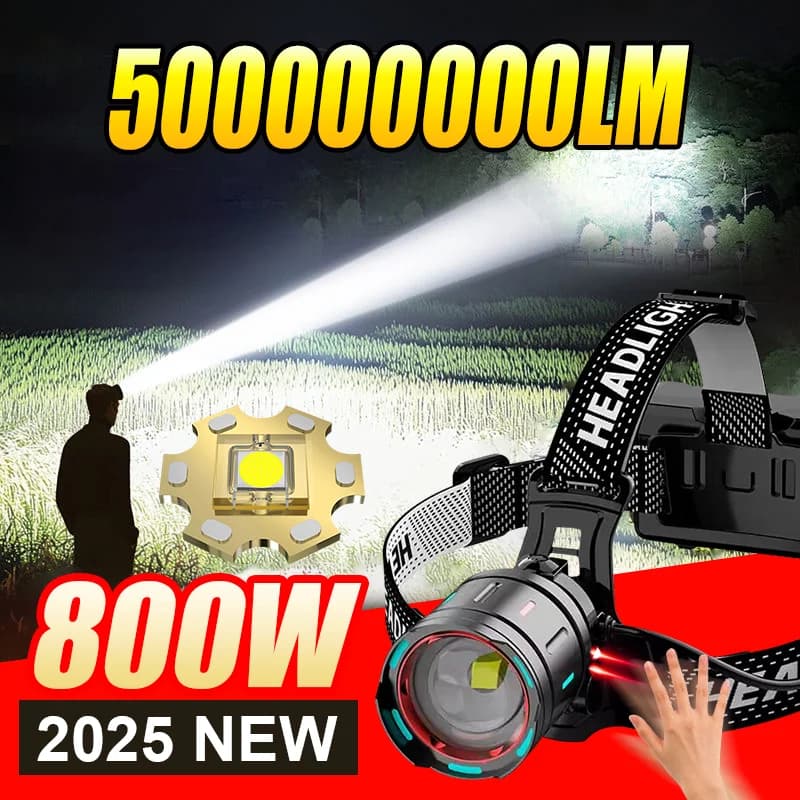 2025 New High Power 800W LED Headlight 500000000LM Super Bright Zoom Waterproof Headlamp Outdoor Camping Work Hunting Lantern