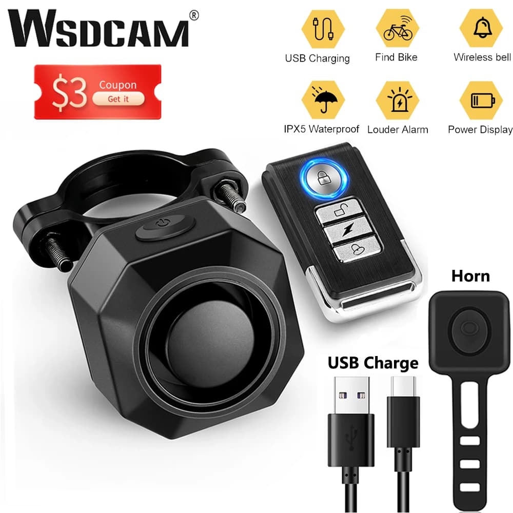 WSDCAM Bike Alarm Bike Taillight Wireless Bicycle Vibration Alarm USB Charge Remote Control Motorcycle Alarm Security Protection