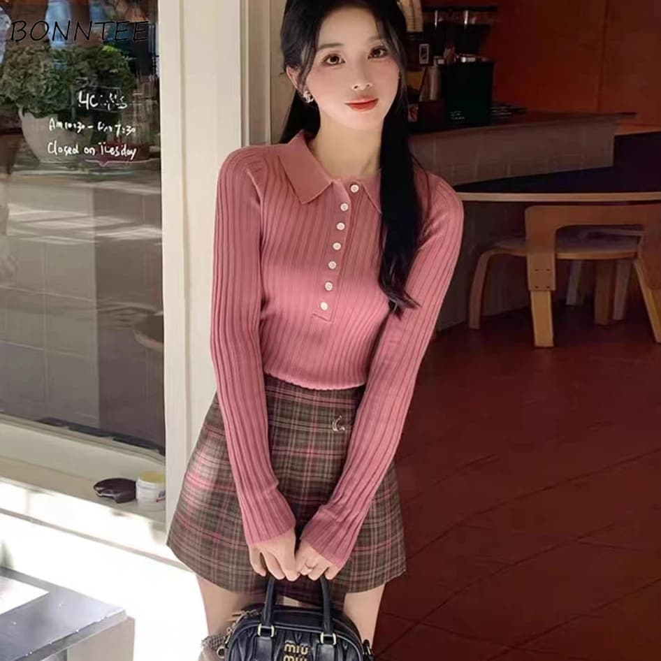 Knitted Pullovers Women Buttons Design Slim All-match 이너니트 Ropa Elegante Para Mujer Knitted Jumpers Autumn Basic Tender Chic