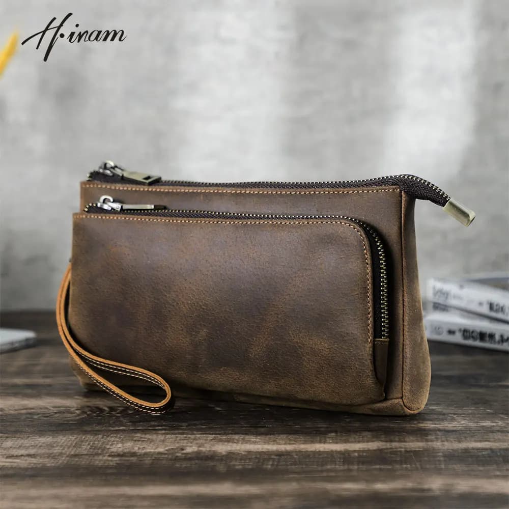 Cowhide Men's Clutch Bags Genuine Leather Men Business Travel Handbags Large Capacity Cable Organizer Clutch Purse Vintage Style