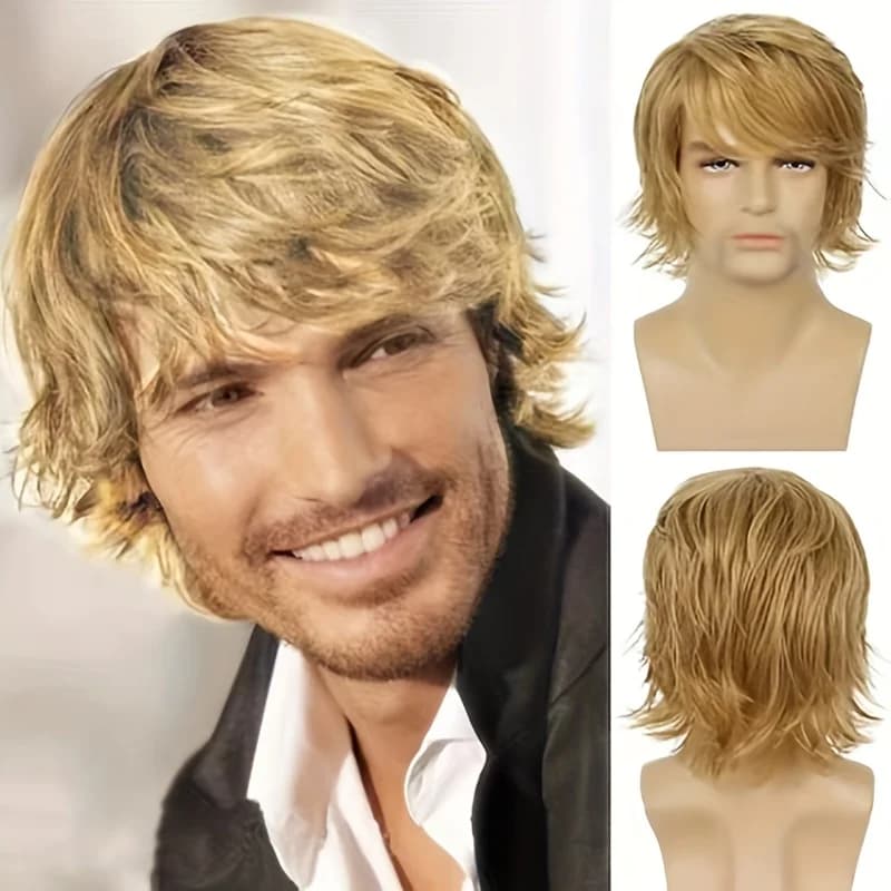 Men's black wig short natural fluffy wig synthetic heat-resistant Halloween role-playing wig