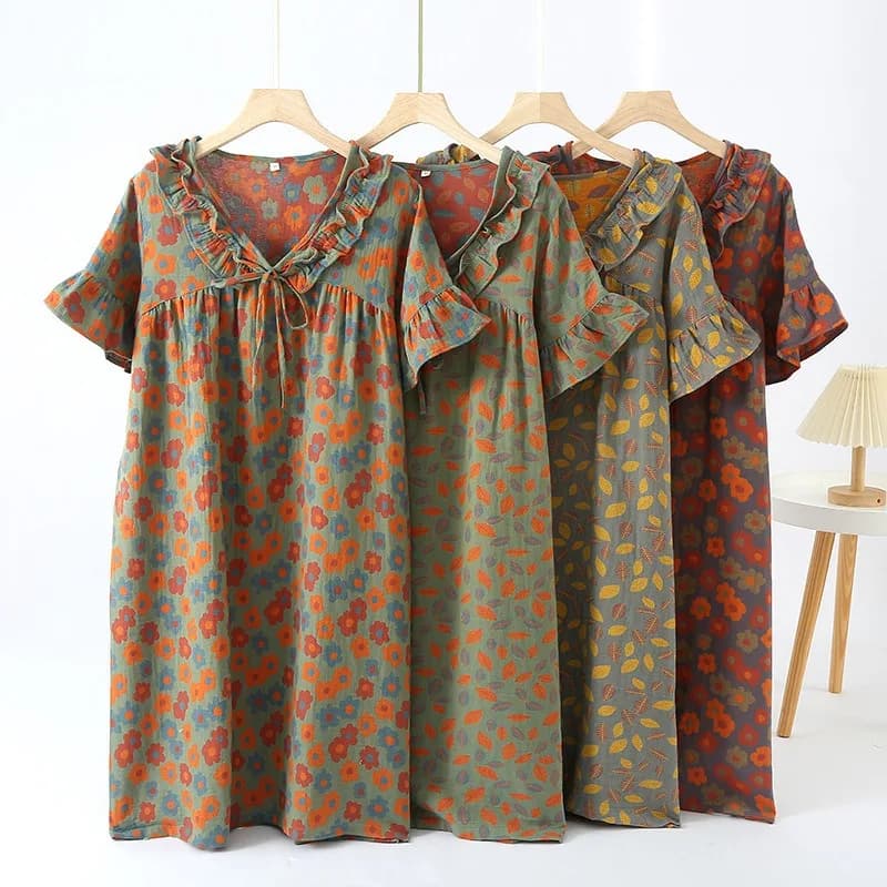 Women's 2023 Summer Short Sleeve Lace V-neck Night Dress Loose Print Women Thin Home Dress Yarn Dyed Vintage Pajamas Night Gowns