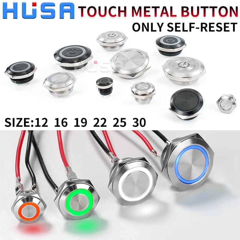 12/16/19/22/25/30mm Short Stroke Mini Waterproof Metal Push Button Switch Power Led Light Momentary 5/12/24/220V black 1NO