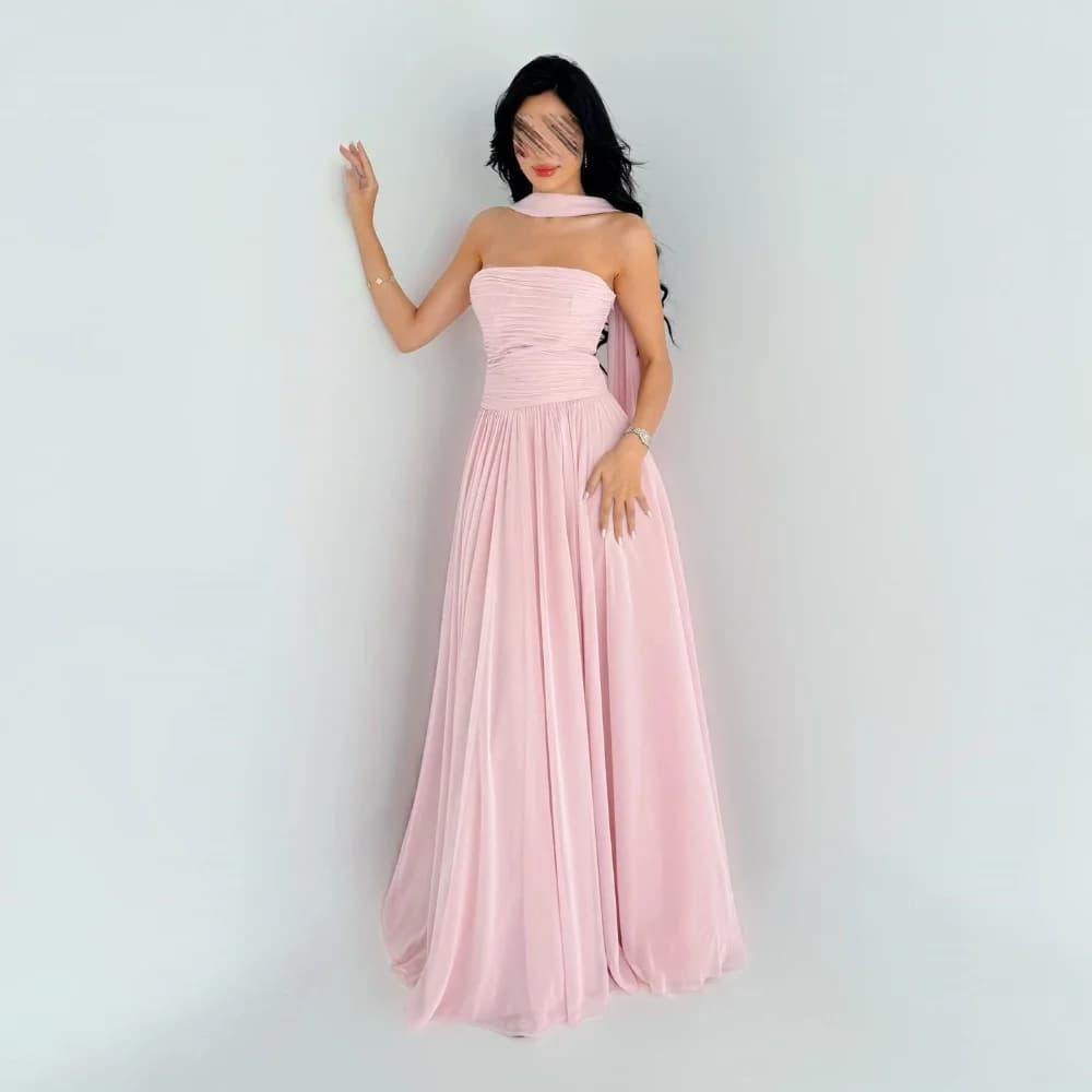 Customized Sparkle Chiffon Pleat A-line Strapless Midi Dresses Evening Dresses Classic Exquisite Modern Style Pastrol Unisex For