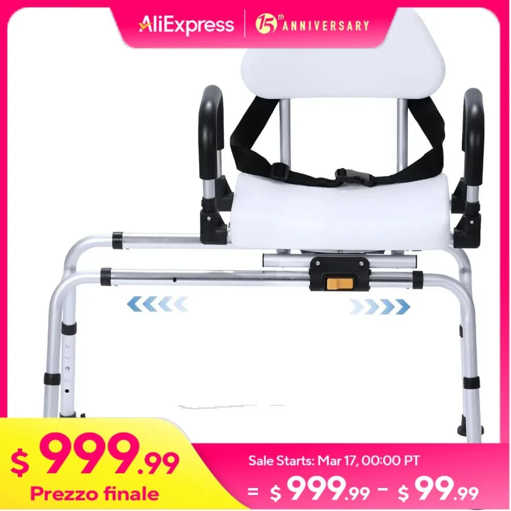 Sliding Shower Chair, Transfer Stool with Swivel Arms, Seat Belt, Drainage Holes, Non-Slip Feet, Bathtub Shower Chair