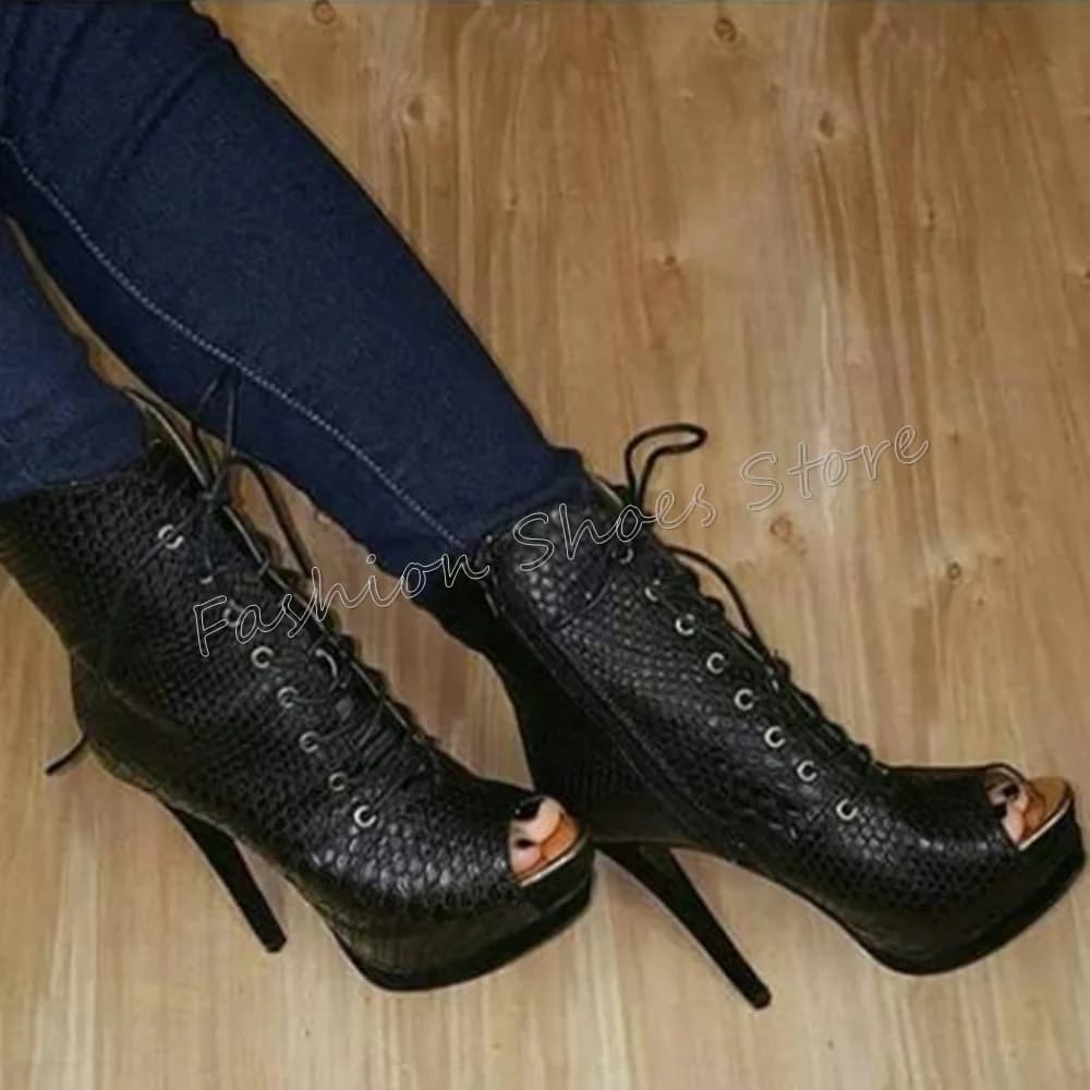 Black Peep Toe Lace up Side Zipper Boots Stilettos High Heels High Heel Shoes for Women Sexy Heels 2024 New Zapatos Para Mujere