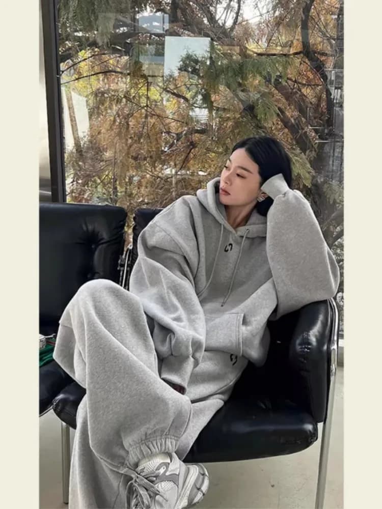 Grey Sportswear Set, Women'S Spring And Autumn Loose Fashion Hooded Sweatshirt Casual Two-Piece Set