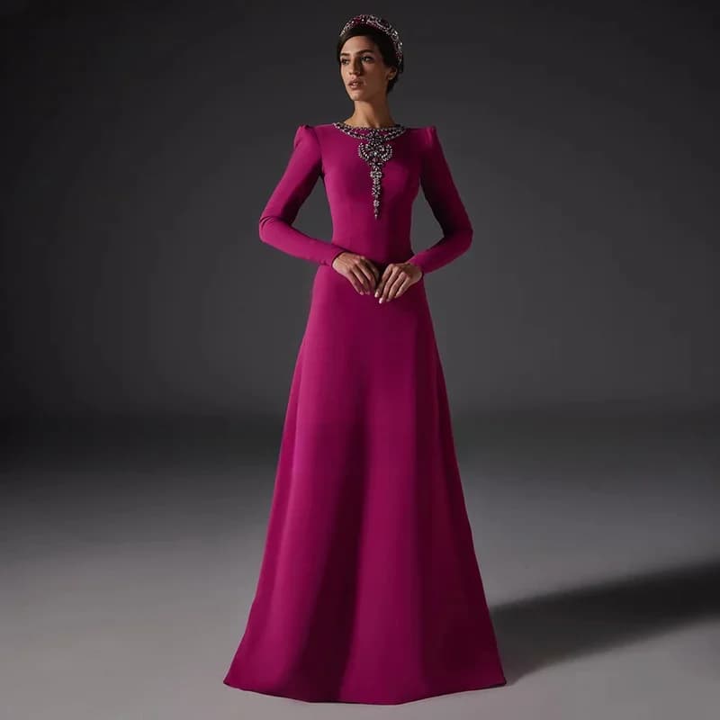 Little DaisyIslam Prom Dress Jewel Neck Long Sleeves Crystal Rhinestones Sweep Train Arabic Party Gown Arabian Prom Dresses