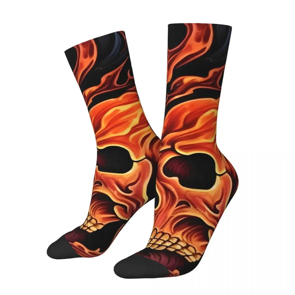 Retro Seamless Flame Scull Rebelios Pattern Men's Socks Unisex Halloween Skull Harajuku Seamless Printed Novelty Crew Sock