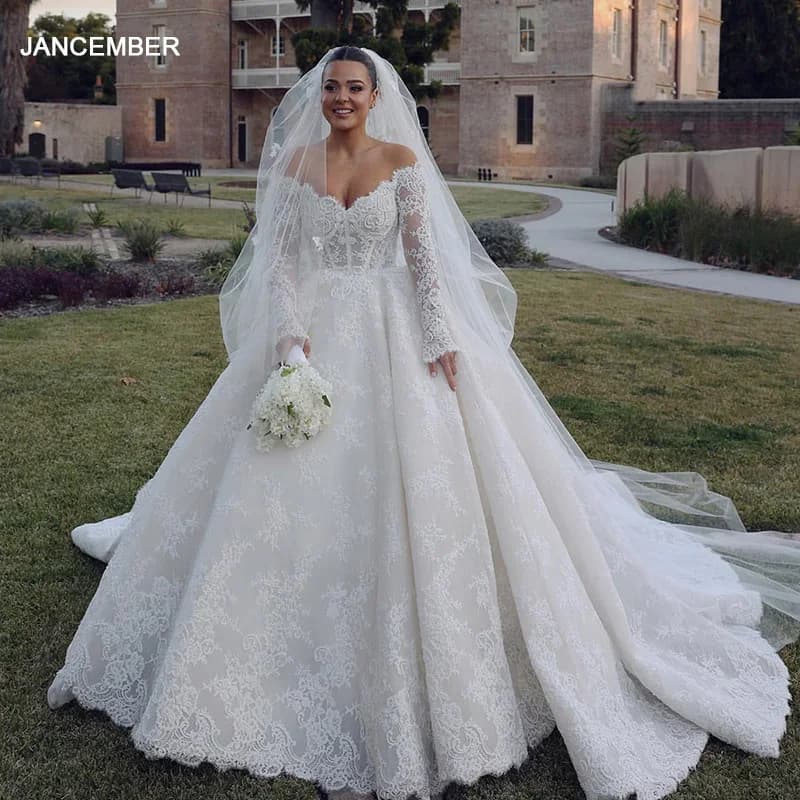 Perfect Flash Sale Wedding Suits For Women Ball Gown Organza Full Sleeves Wedding Dress Scoop Lace Vestido De Noiva LSSM030