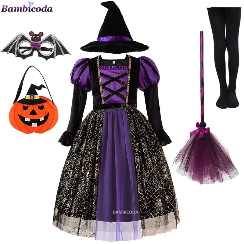Halloween Girls Witch Party Dress Gothic Ghost Costume Gown Robe Tutu Dress Witch Hat for Purim Carnival Party