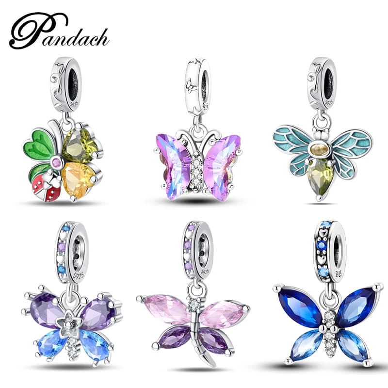 Pandach 925 Sterling Silver Colorful Butterfly Bee Charms Pendants Sparkling Cubic Zircon Fit DIY Bracelets Necklaces Jewelry