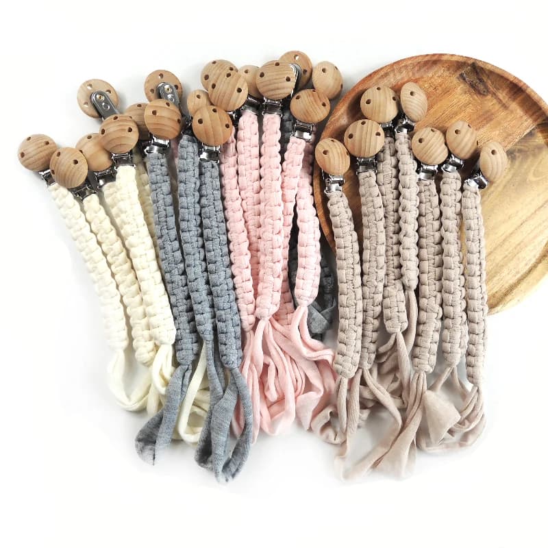Baby Pacifier Chain Hand Braided Cotton Cloth Handmade Heart Shape Wooden Dummy Pacifier Clips For Nursing Teether Shower Gifts