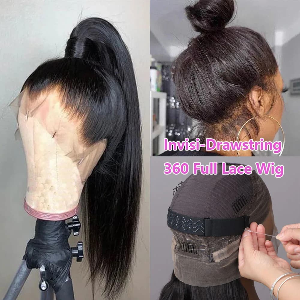 Hidden Strap Straight 360 Lace Front Wigs Human Hair Pre Plucked 12A Glueless Brazilian Virgin Wig With Drawstring HD Full Lace