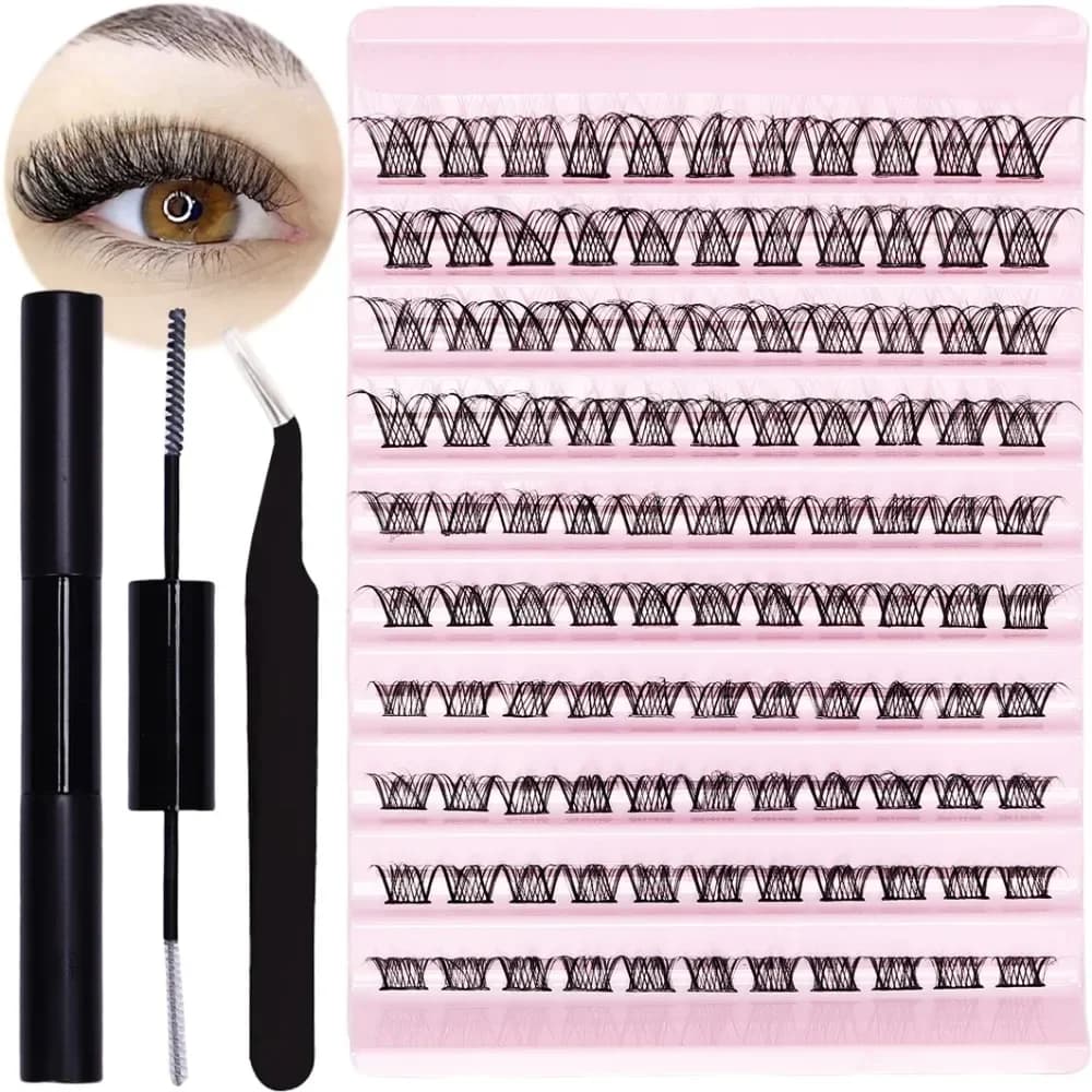 DIY Lash Extensions Kit with 110 Clusters of Mix Length Eyelash and Tweezers and Eyelash Adhesive and Sealant