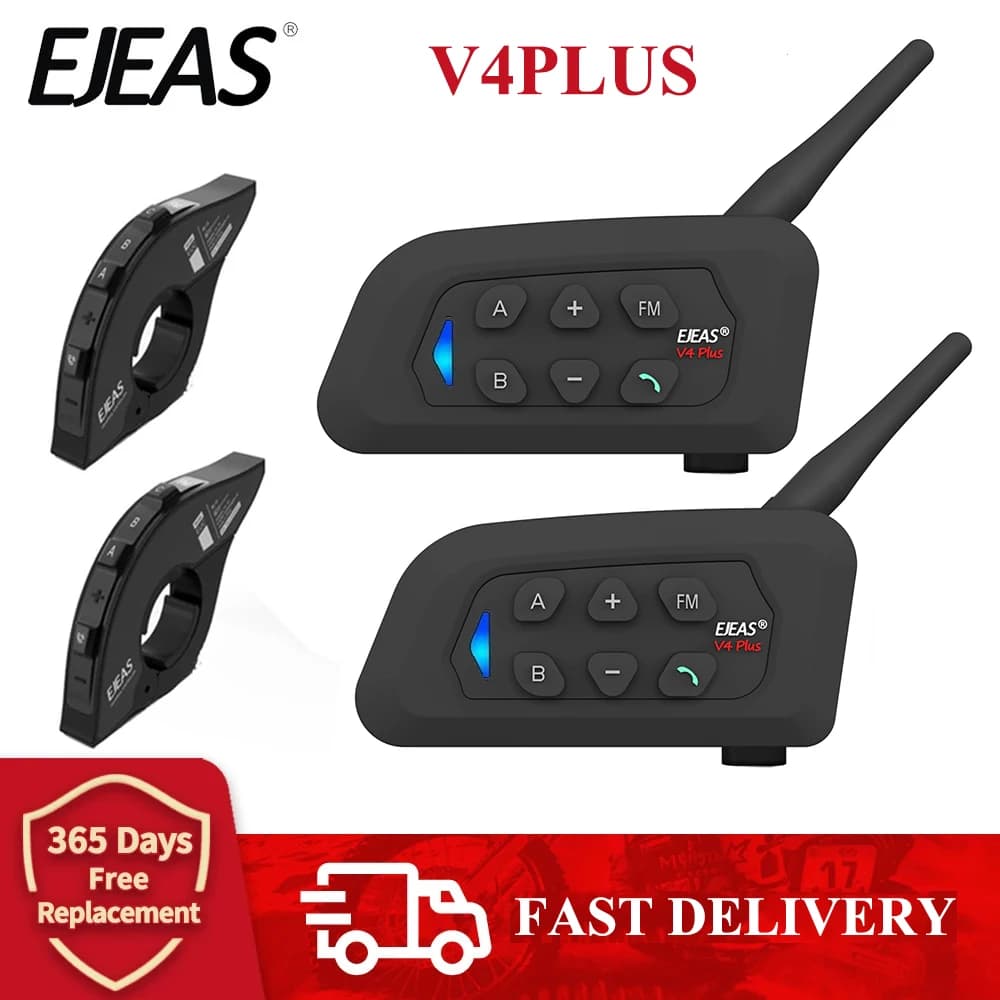 EJEAS V4 Plus Motorcycle Intercom Bluetooth Wireless Helmet Headset IP65 Waterproof FM Radio, Group Talking for 4 Rider 1500M