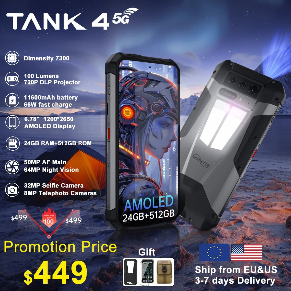 World premiere】Unihertz by 8849 Tank 4 Smartphone Built-in 720P Projector 5G Phone 24+512GB 11600mAh Dimensity 7300 AMOLED 120H