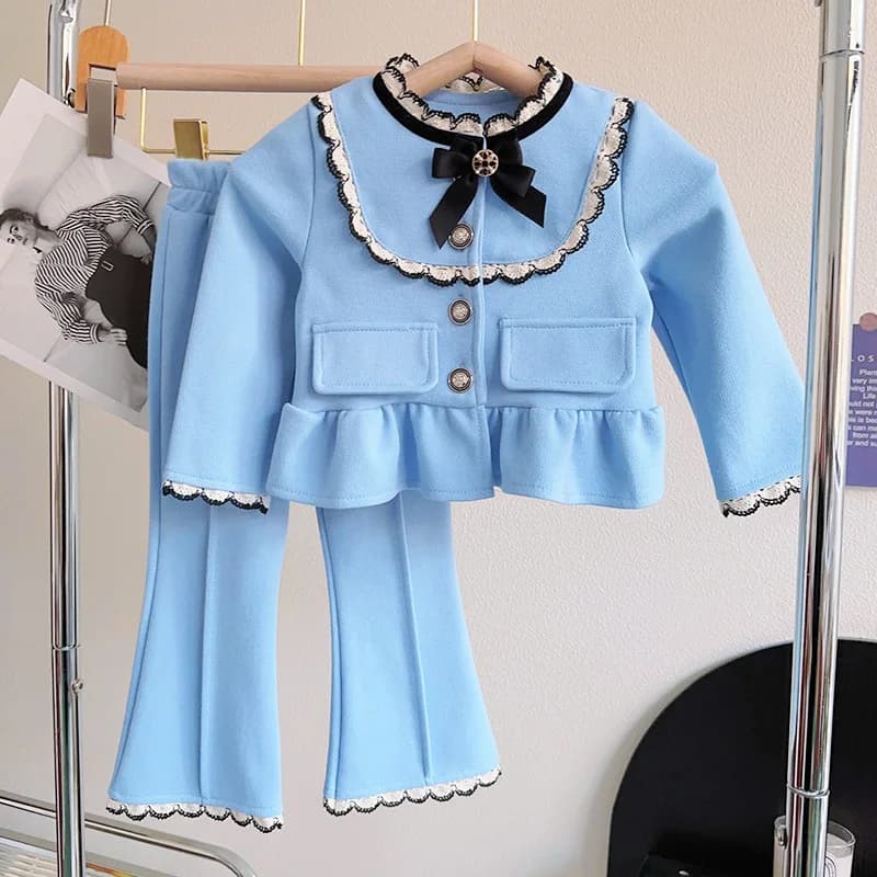 Childrens Set 2024 Autumn New Girl French Doll Collar Single Breasted Buckle Soft Solid Color Tops Casual Pants Two Piece Set