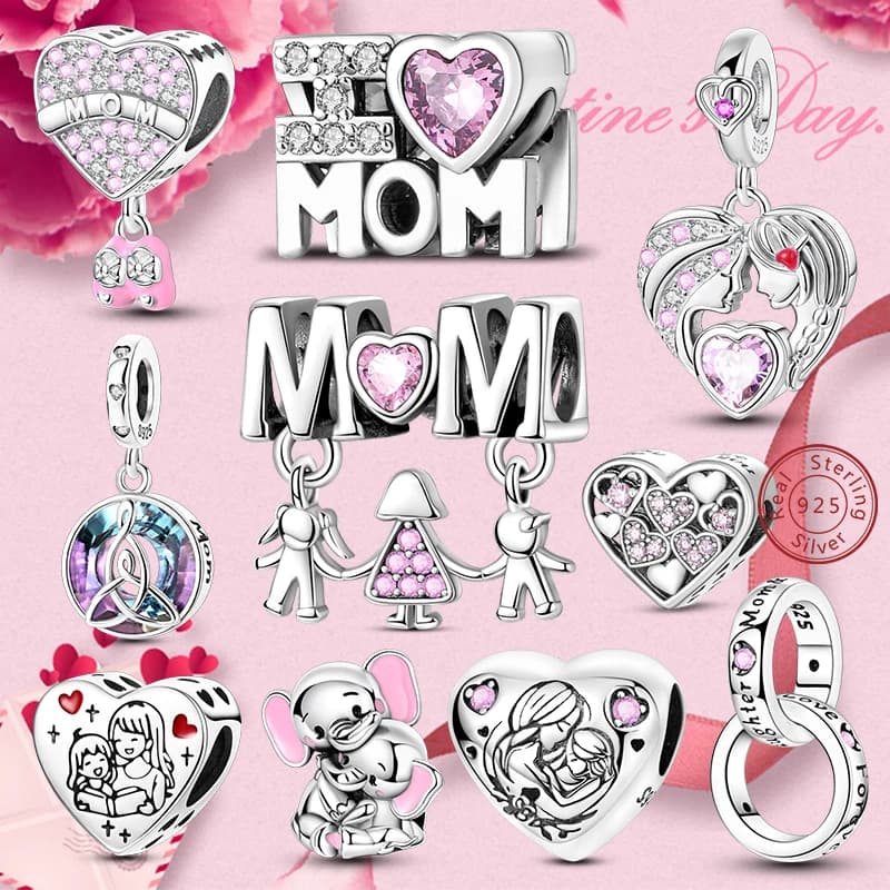 Original 925 Sterling Silver Charm Bead Mother's Day Love Heart Family Charm Bead Pendant Fits Bracelet Womens Jewelry Gifts
