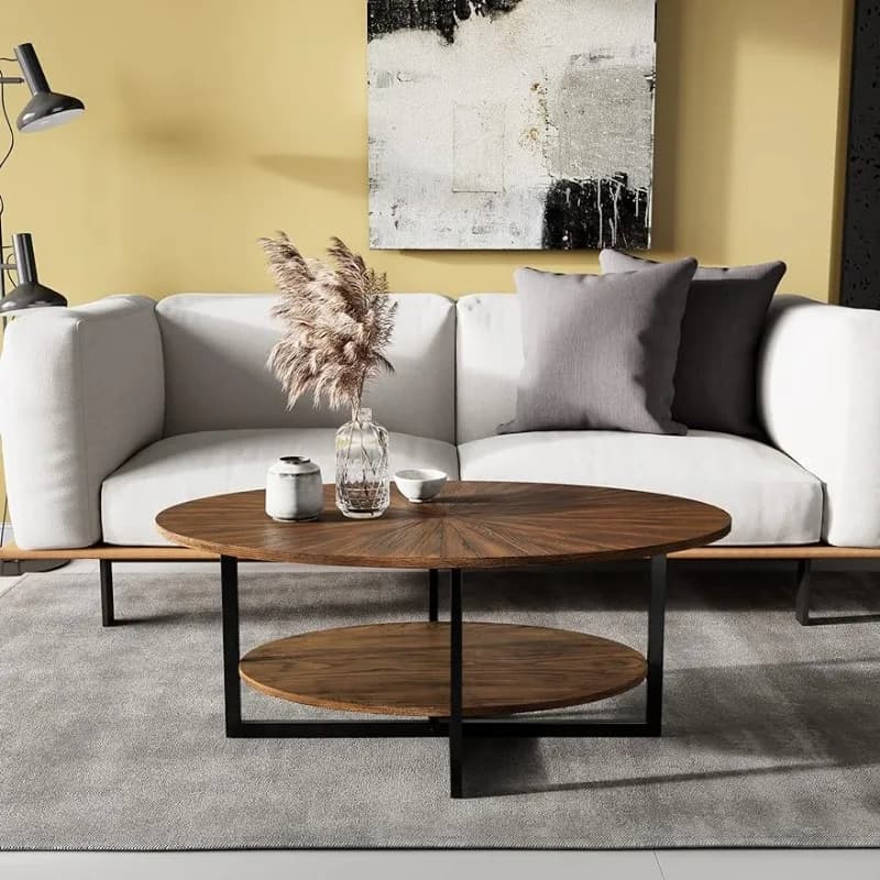 JESONVID Solid Wood Oval Coffee Table with Cross Metal Legs, 43.3in Modern Industrail Center Table,Open Shelf Cocktail Tea Table