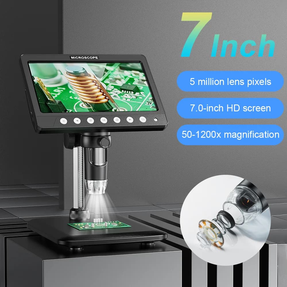 7 Inch IPS Digital Coin Microscope 5MP 50X-1200X Magnifier with Stand Soldering Video Microscope for Electronics Repair 8 LEDS