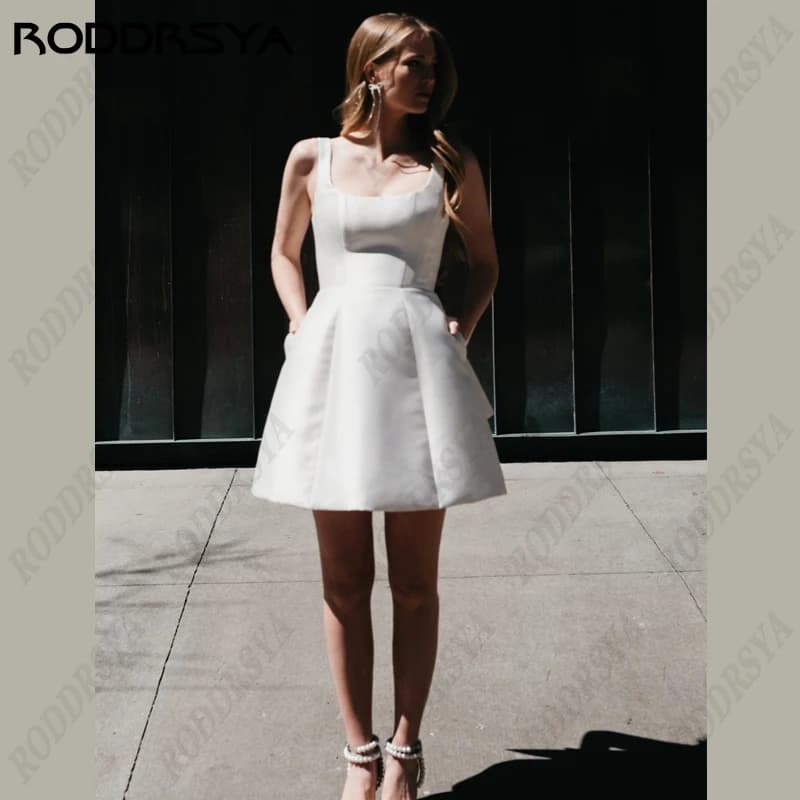 RODDRSYA Short Mini Satin Wedding Dress Square Collar Removable Bow Robe De Mariee Spaghetti Straps Backless A-line Bride Party