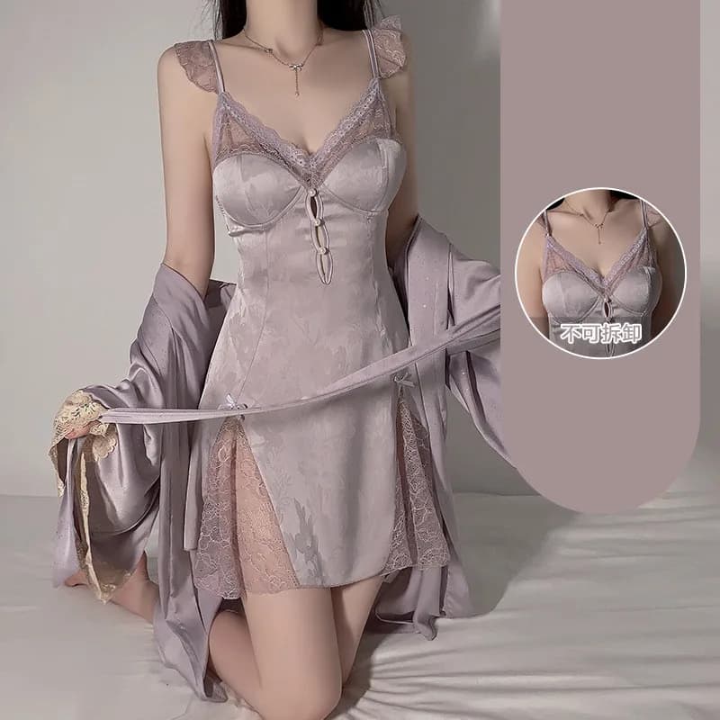 Summer Two Piece Rayon Robe Suit Women Nightgown Sleepwear Kimono Gown Set Femme Lace Nightwear Bathrobe