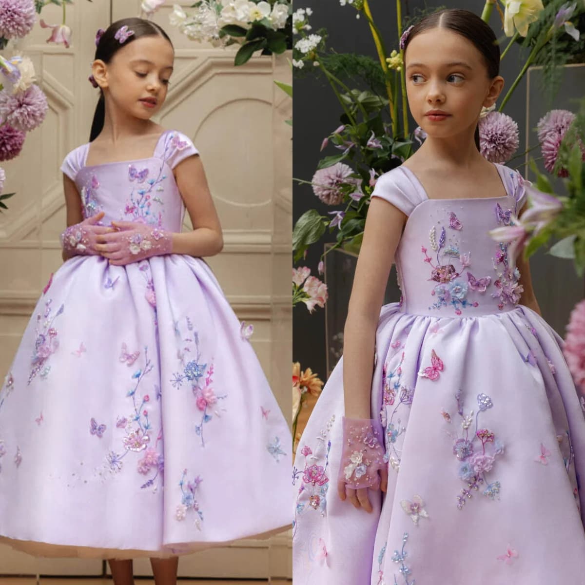 Lilac Flower Girl Dresses For Wedding Customized Tea Length Princess Baby Girl's Birthday Party Gowns Floral Kids Pageant Dress